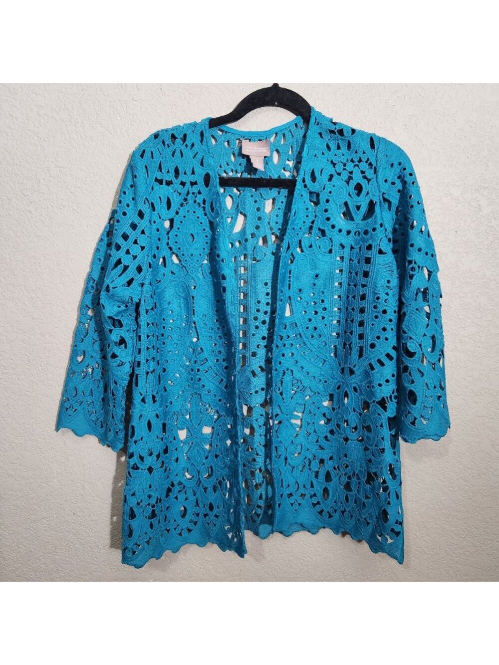 Chicos Open Front Crochet Cardigan Womens Size Medium Turquoise Blue Lightweight